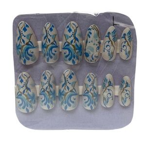 Floral Blue and Gold Press-On Nails Large